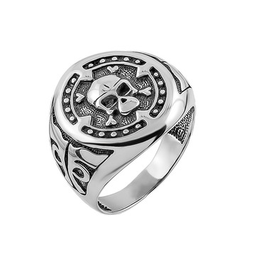 Печатка серебряная с чернением, байкерская с черепом