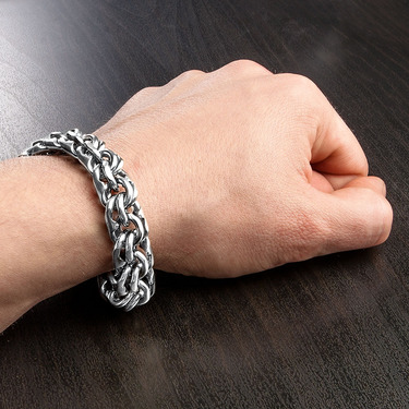 Толстый серебряный мужской браслет, плетение ручной Бисмарк с чернением, ширина 1,4 см