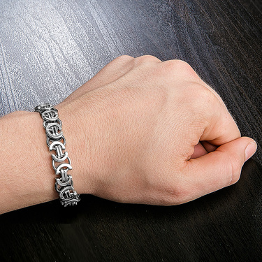 Серебряный мужской браслет, плетение Скобки с чернением, ширина 1 см