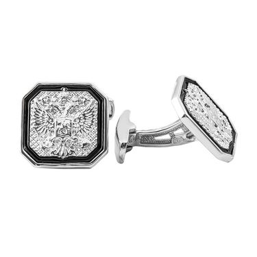 Серебряные запонки Герб России с Двуглавым орлом, родий, черная эмаль