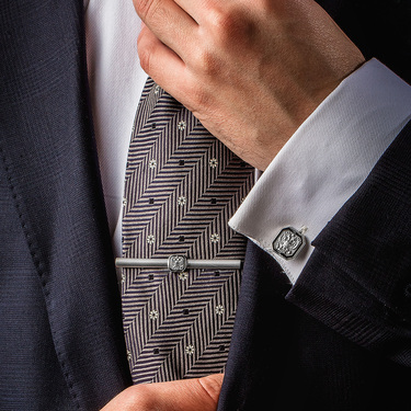 Серебряные запонки Герб России с Двуглавым орлом, родий, черная эмаль