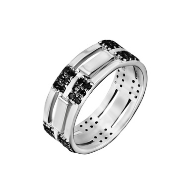Серебряное кольцо с черными фианитами, покрытие родием