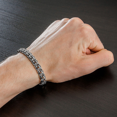 Серебряный мужской браслет, плетение ручной Бисмарк с чернением, ширина 0,8 см
