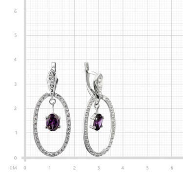 Серебряные женские овальные серьги люстры с сиреневыми и белыми фианитами, родий
