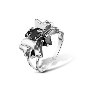 Серебряное женское кольцо "Бант" с черным фианитом, родий