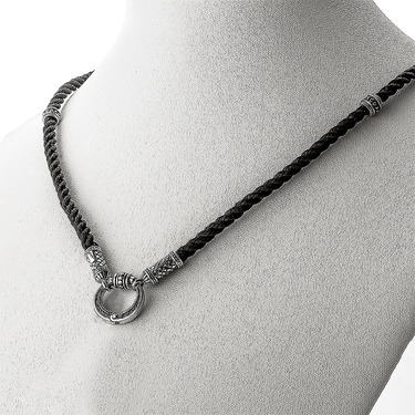 Ювелирный шнурок Гайтан черный, Шелк 3 мм с серебряными бусинами и  замком, Чернение