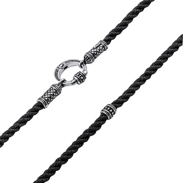 Ювелирный шнурок Гайтан черный, Шелк 3 мм с серебряными бусинами и  замком, Чернение
