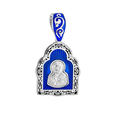 Серебряная подвеска иконка св. Николай-Чудотворец, эмаль синяя/черная