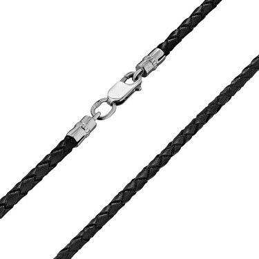 Ювелирный шнурок Гайтан черный, Натуральная плетеная кожа 3 мм с серебряным замком, Родирование
