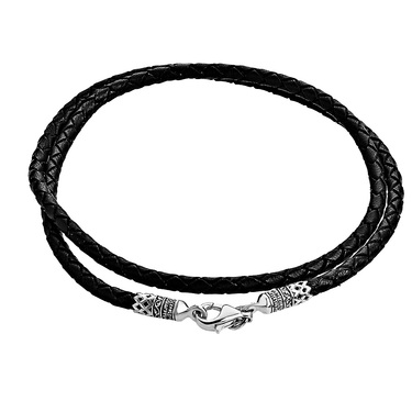 Ювелирный шнурок Гайтан черный, Натуральная плетеная кожа 3,5 мм с серебряным замком, Чернение