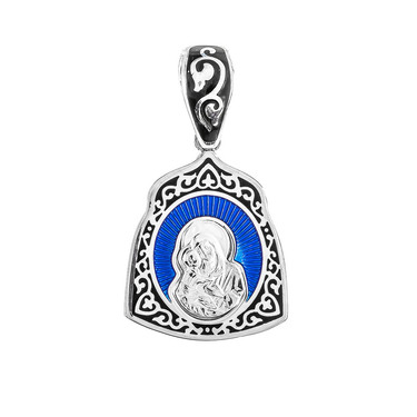 Серебряная подвеска Владимирская икона Божией Матери, эмаль синяя/черная