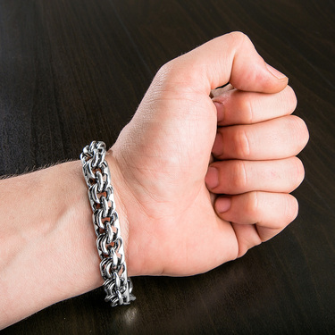 Толстый серебряный браслет, плетение ручной Бисмарк с чернением, ширина 1,3 см