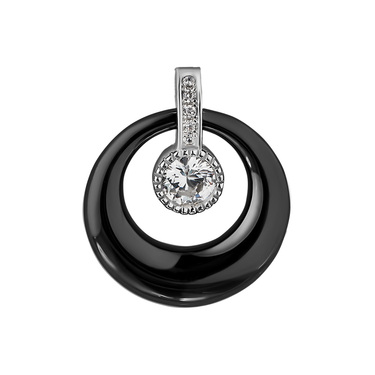 Серебряная женская подвеска, черная керамика с циркониями, родирование