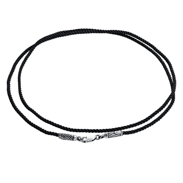 Ювелирный шнурок Гайтан черный, Шелк 2 мм с серебряным ажурным замком, Чернение