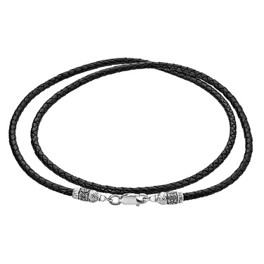 Ювелирный шнурок Гайтан черный, Натуральная плетеная кожа 3 мм с серебряным замком, Чернение