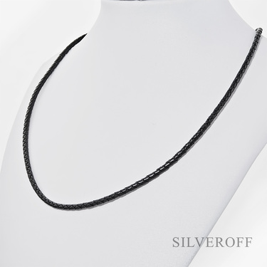 Ювелирный шнурок Гайтан черный, Натуральная плетеная кожа 3 мм с серебряным замком, Чернение