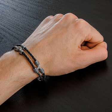 Восточный Браслет из плетеной кожи с серебряными вставками, ширина 1,4 см