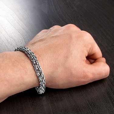 Серебряный мужской браслет, плетение ручной Бисмарк с чернением, ширина 0,8 см