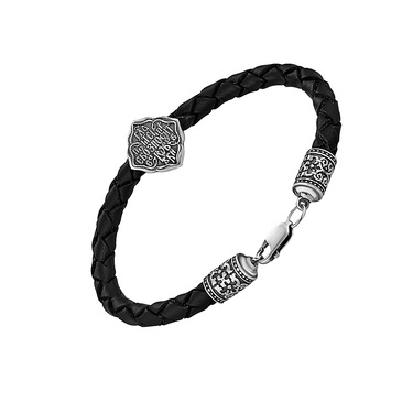 Браслет из плетеной кожи с серебряной вставкой, чернение, ширина 5,3 мм