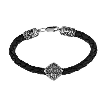 Браслет из плетеной кожи с серебряной вставкой, чернение, ширина 5,3 мм