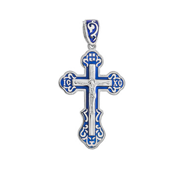 Серебряный мужской крестик, покрытие эмаль синяя