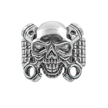 Серебряный байкерский перстень Череп с цилиндрами мотоцикла