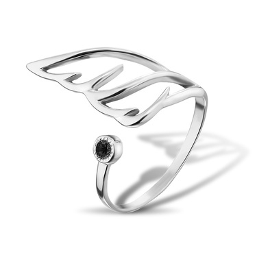 Серебряное женское кольцо "Крыло" с черным фианитом, родий
