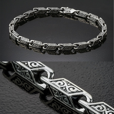 Серебряный мужской браслет литьевой, плетение Персидское с гранями с чернением, ширина 5 мм