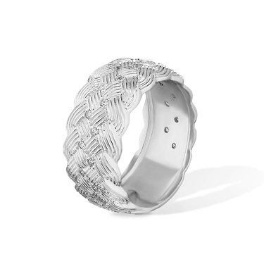 Серебряное широкое женское кольцо с фианитами, родий
