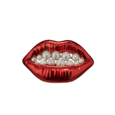 Серебряная брошь "Рубиновые губы с зубами как жемчуг" Сальвадо Дали, синт. жемчуг, эмаль, позолота