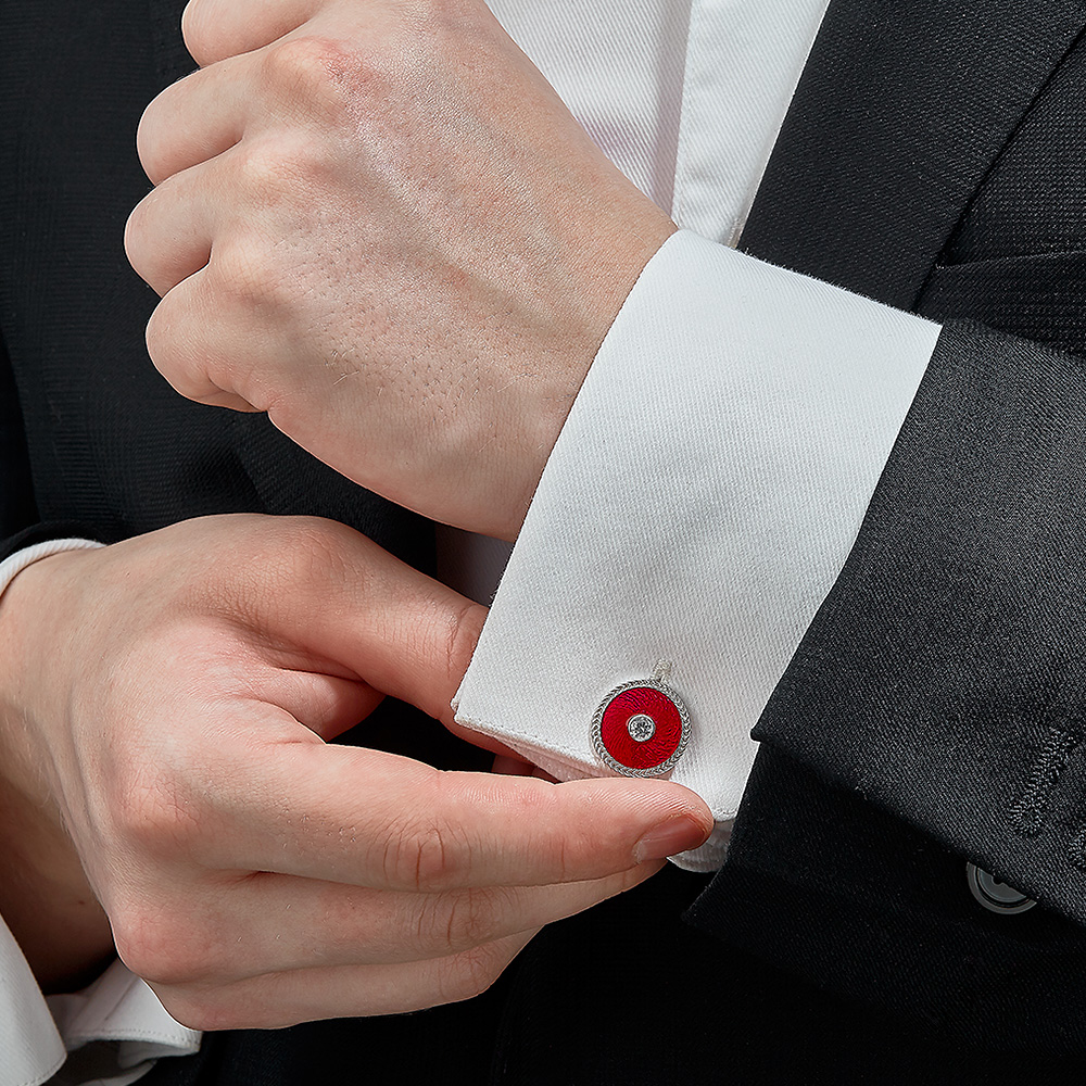 Серебряные запонки Николая II с фианитами, красная эмаль Запонки,Серебро,с вставкой Фианит,Эмаль Белая цвета,РОССИЯ