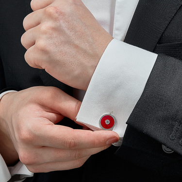 Серебряные запонки Николая II с фианитами, красная эмаль