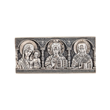 Серебряная иконка в автомобиль Казанская Божья Матерь, Иисус, Николай Чудотворец, чернение