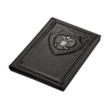 Кожаная обложка для паспорта на магните с серебряным гербом РФ черная
