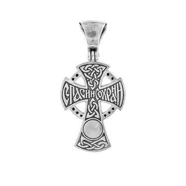 Серебряный крест Новгородский с золотыми накладками, вставка циркон, гранат