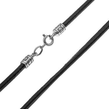 Ювелирный шнурок Гайтан черный, Натуральная кожа 3 мм с серебряным замком, Родирование