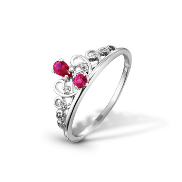 Серебряное женское кольцо Корона, темно-розовый фианит, родий