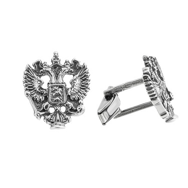 Серебряные запонки Герб России Двуглавый орел, чернение