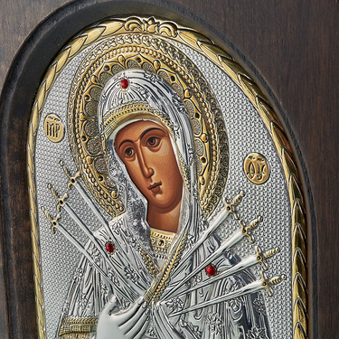 Православная икона Божией Матери Семистрельная триптих 5 икон, 34х24 см, серебро, гальваника