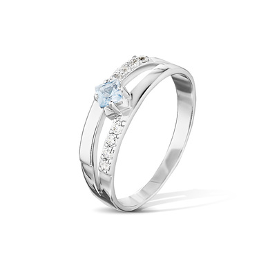 Серебряное женское помолвочное кольцо с голубыми и белыми фианитами, родий