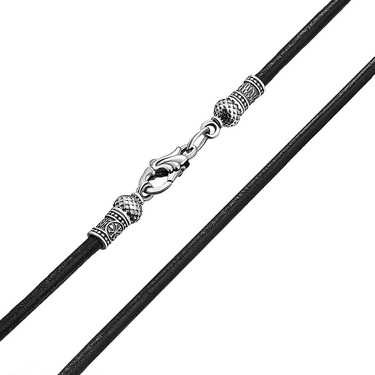 Ювелирный шнурок Гайтан черный, Натур. кожа 3 мм с серебряным замком "Господи помилуй", Чернение