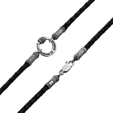 Ювелирный шнурок Гайтан черный, Натуральная плетеная кожа 4 мм с серебряной всавкой, Чернение