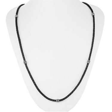 Ювелирный шнурок Гайтан черный, Натуральная плетеная кожа 3 мм с серебряным замком, Чернение