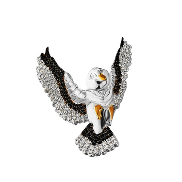 Серебряная брошь "Летящая птица" с белыми и черными фианитами и частичной позолотой
