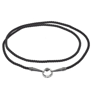 Ювелирный шнурок Гайтан черный, Шелк 3,5 мм с серебряными конусными наконечниками и замком, Чернение