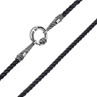 Ювелирный шнурок Гайтан черный, Шелк 3,5 мм с серебряными конусными наконечниками и замком, Чернение