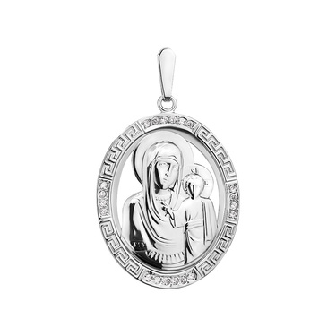 Серебряная овальная подвеска Казанская икона Божией матери, фианиты, родий