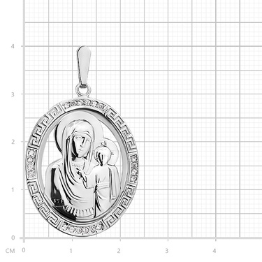 Серебряная овальная подвеска Казанская икона Божией матери, фианиты, родий