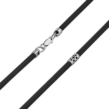 Ювелирный шнурок Гайтан черный, Каучук 3,3 мм с ажурными серебряными вставками и замком, Родирование