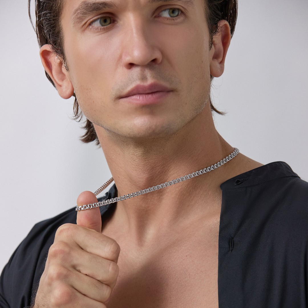 Серебряная цепочка, плетение Круглый Бисмарк с алмазной гранью, родирование, ~25 грамм, ширина 5 мм Цепочка на шею,Серебро,с замком Карабинный,РОССИЯ